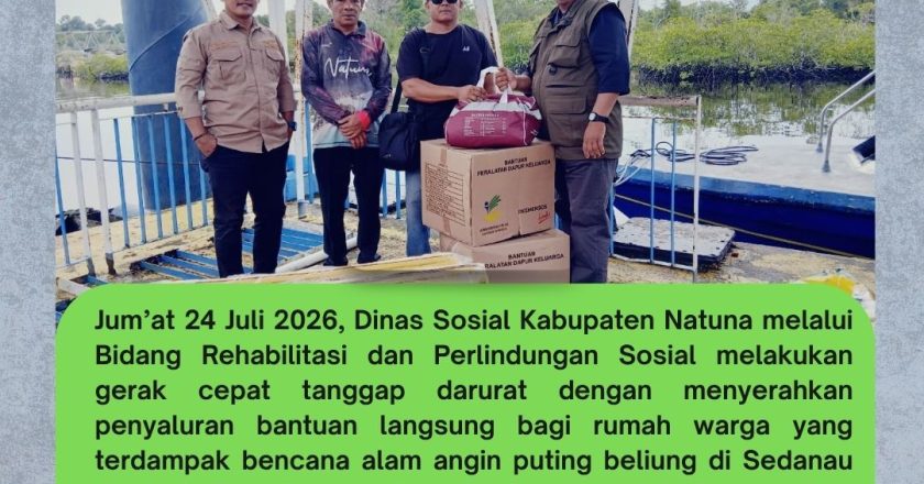 Dinas Sosial Kabupaten Natuna melalui Bidang Rehabilitasi dan Perlindungan Sosial melakukan gerak cepat tanggap darurat dengan menyerahkan penyaluran bantuan langsung bagi rumah warga yang terdampak bencana alam angin puting beliung di Sedanau dan Kelarik serta Penyaluran Bantuan rumah tertimpa pohon kelapa di Kecamatan Bunguran Timur