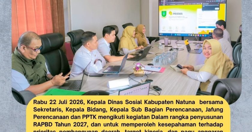 Kepala Dinas Sosial Kabupaten Natuna bersama Sekretaris dan Para Pejabat lingkungan Dinas Sosial mengikuti agenda acara dalam rangka Penyusunan RAPBD Tahun 2027 di Kantor BAPPERIDA Kabupaten Natuna